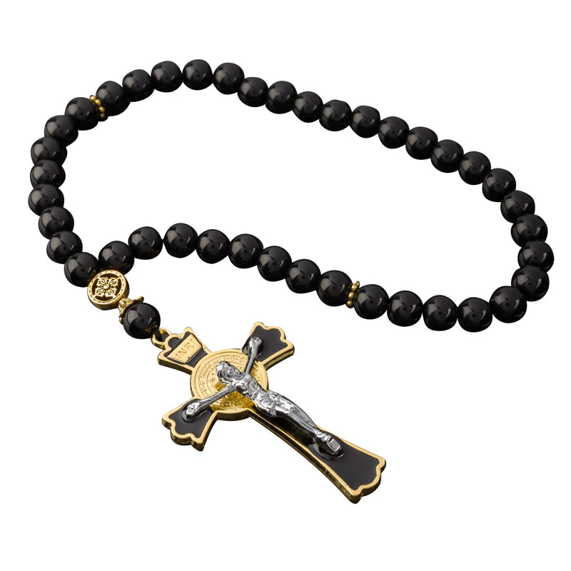 Car Rosary for Rearview Vehicle Mirror, Rosary Beads Catholic for Women, Black Rosary for Men, Cross for Car Mirror Hanging, Medal Cross Saint Benedict Rosary for Car & Truck - Christian Gift 40 Beads