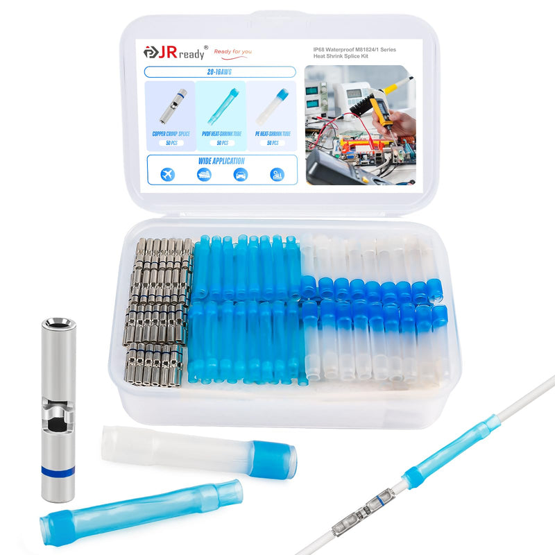 JRready 50Sets D-436 Series Heat Shrink Butt Splice Connector 20-16 AWG(D-436-37 M81824/1-2 Equivalent) IP68 Waterproof Blue Environmental Butt Splice with PVDF/PE Tubes ST6385-16-50 Wire Connectors 16#Blue-50Sets