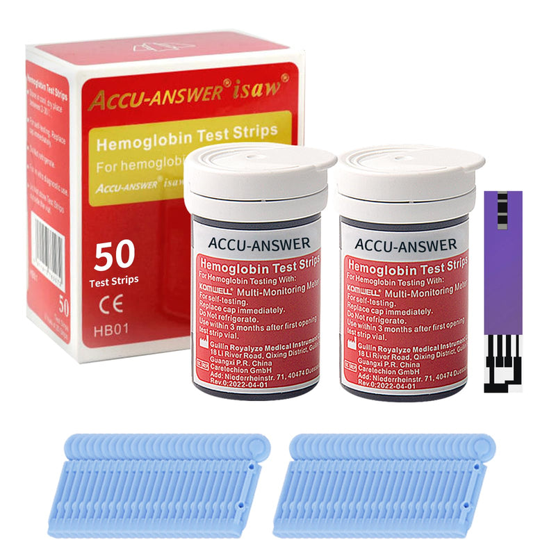 50 Test Hemoglobin Test Strips for ACCU-Answer 4-in-1 Test Meter, 50 Lancets Total Included. No Code Card Need, Accurate and Fast, Easy to Use and Read