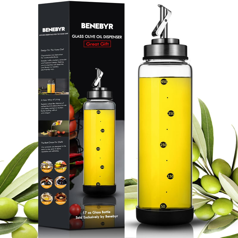 Glass Olive Oil Dispenser Bottle for Kitchen Shatterproof & Leakproof Cooking Oil Dispenser with Stainless Steel Spout & Rubber Bottom 17 oz Heat Resistant Olive Oil Bottle Clear - Premium Glass Bottle
