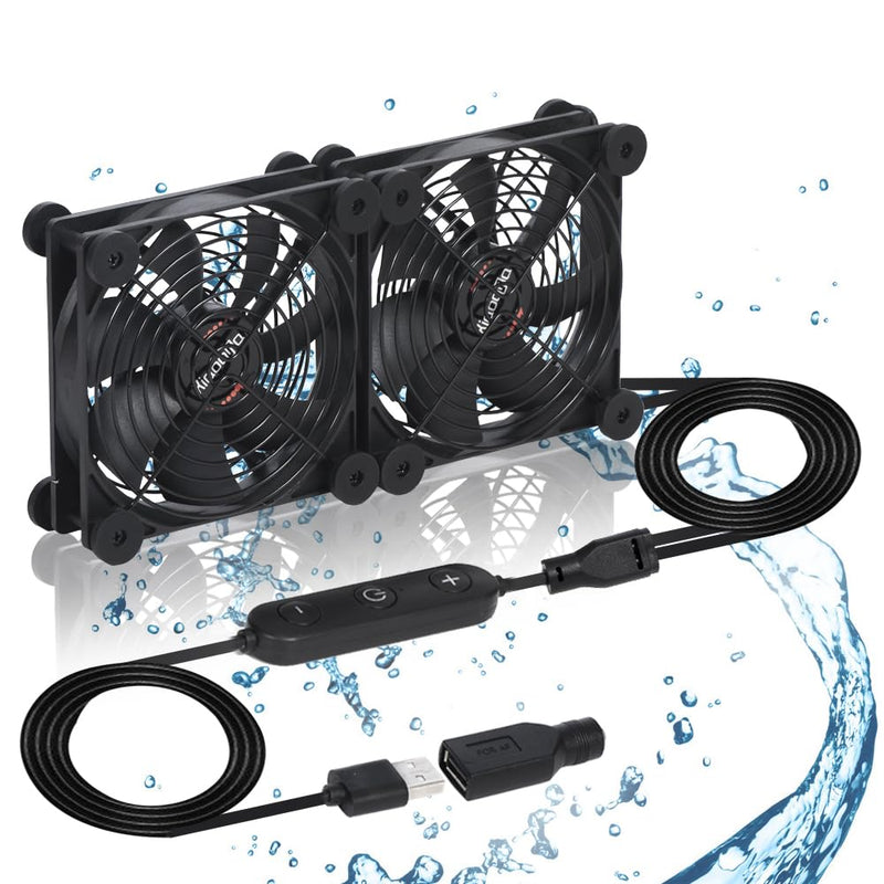 Dual 120mm Cooling Fan 10-Speed IPX5 USB 5V/DC 12V for Router & Xbox | Dual 120mm fan, 10-speed, USB 5V/DC 12V. IPX5 waterproof, 16dB quiet. Double ball bearing. Cools router, Xbox, cabinet. USB/DC Dual 120mm Fan