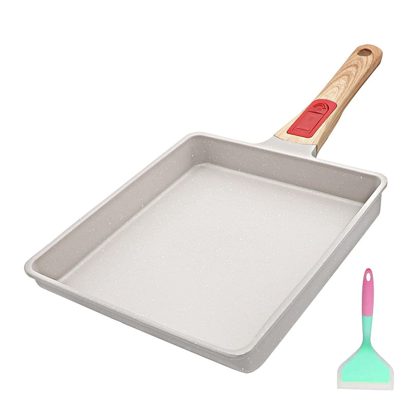 AIKENBBKK Tamagoyaki Japanese Omelette Pan, Japanese Egg Pan, Square Egg Pan Nonstick, Induction-Ready, Detachable Handle, with Silicone Spatula, PFAS & PFOA-Free, Oven Safe, White, 9" x 8.2" L