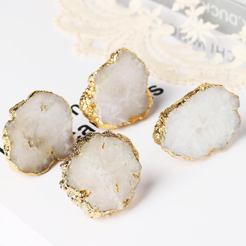 White Geode Cabinet Knobs Crystal Stone Drawer Knobs Handles Decorative Gold Plated Gemstone Cupboard Pulls for Home Office Decor 4 Pack