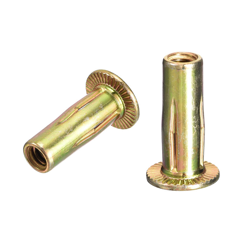uxcell 5/16-18 Multi-Grip Rivet Nuts, 100pcs Pre-Bulbed Shank Flat Head Threaded Insert Nut Gold Zinc Plated Finish Carbon Steel Plus Nuts 100