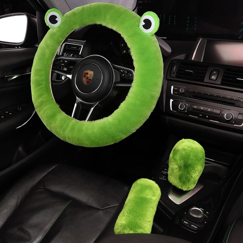 U&M 3 Pcs Set Fluffy Genuine Sheepskin Car Steering Wheel Cover with Handbrake Cover & Gear Shift Cover Fuzzy Wool Fur Soft Warm Winter (Green Frog, Shearling Wool) Green Frog
