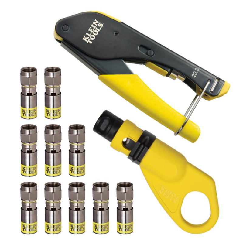 Klein Tools 80151 Coax Cable Compression Crimper and Stripper Set with 10-Pack of RG6/6Q F-Connectors for Fast and Reliable Installation, 3-Piece