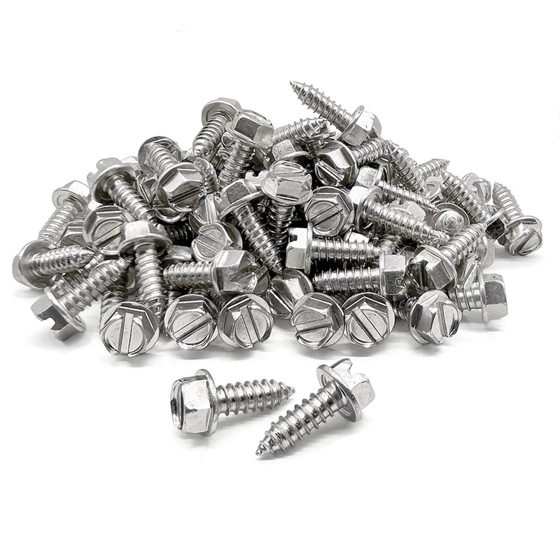 100 Pack License Plate Screws for Front and Back License Plates and License Plate Frames and Covers on Cars, Trucks, SUVs-Rust Resistant #14x3/4 Slotted Hex Washer Self Tapping Screws Stainless Steel 100 Pack