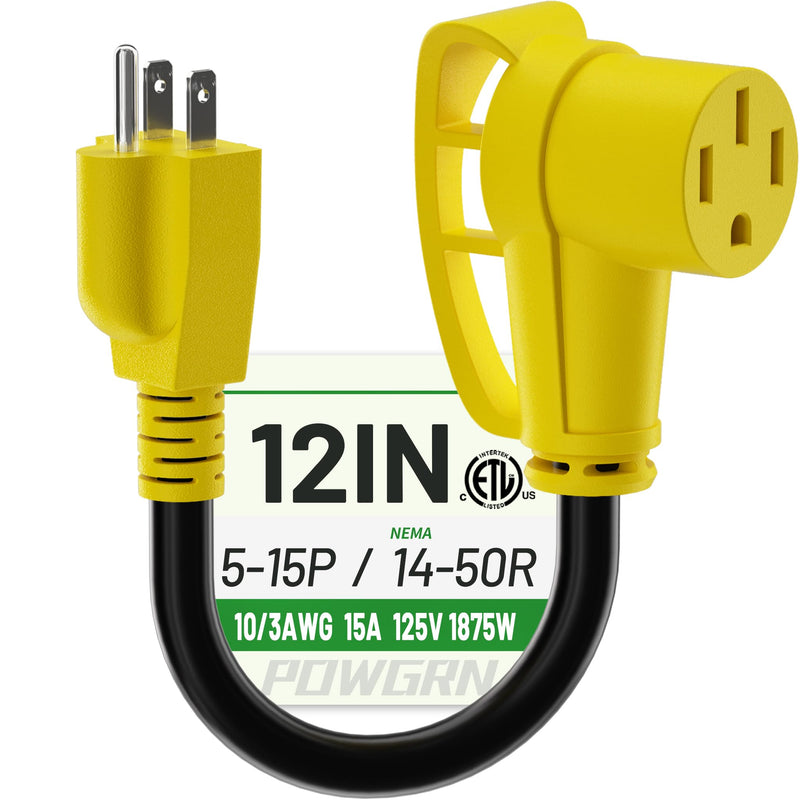 RV 50 Amp to 110 Adapter 12 inch, Heavy Duty 10/3 Gauge RV Electrical Adapter, NEMA 5-15P Male to NEMA 14-50R Female, STW 10AWG 15A 125V 1875W, Black-Yellow, ETL Listed