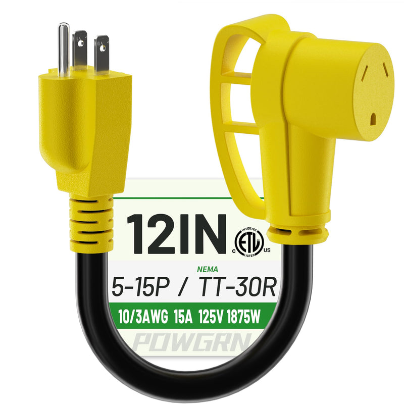 RV 30 Amp to 110 Adapter 12 inch, Heavy Duty 10/3 Gauge RV Electrical Adapter, NEMA 5-15P Male to NEMA TT-30R Female, STW 10AWG 15A 125V 1875W, Black-Yellow, ETL Listed 5-15P to TT-30R