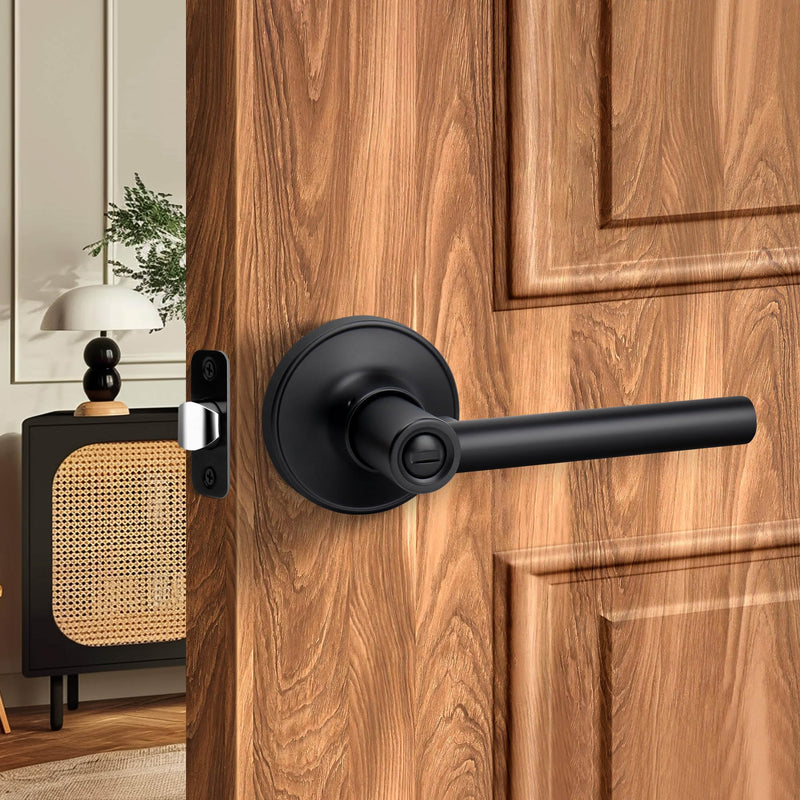 Round Style Door Handle with Privacy Locking, Privacy Reversible Door Lever for Bathroom or Bedroom Door, Matte Black Finish Privacy (Thumb Button Lock)