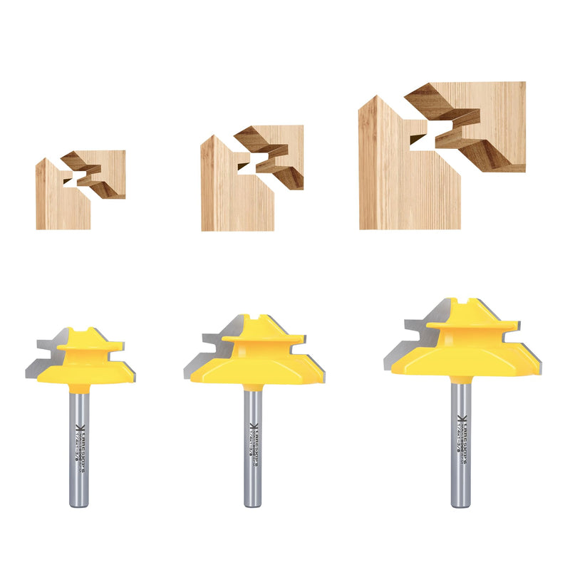 45 Degree Lock Miter Router Bit 3-Piece Set, for 1/2”, 5/8”, 3/4” Cutting Height.1/4 Inch Shank .Woodworking Tools Joint Router Bits Easy to Create Lock Miter Joint