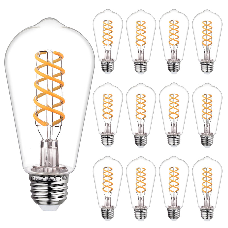 12 PCS Dimmable Vintage LED Edison Bulbs, 6W Equivalent 60 Watt, Warm White 2700K, Antique Flexible Spiral LED Filament Light Bulb, ST58 (ST19), 600 Lumens, E26 Base, Clear Plastic 2700k 12pack