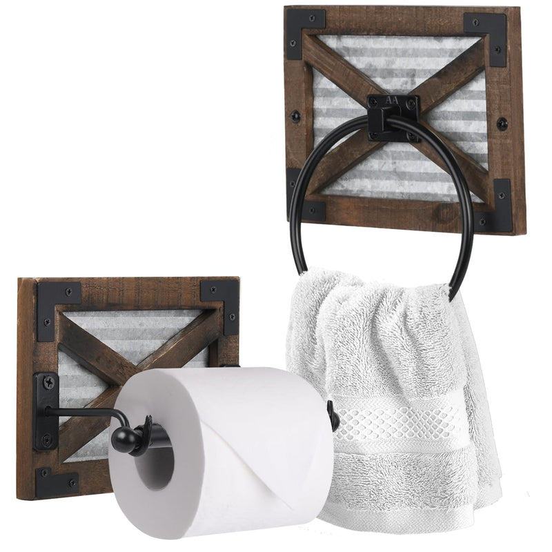 Autumn Alley Rustic Farmhouse Toilet Paper Holder and Towel Ring Rack Set, Wall Mount Farmhouse Wooden Toilet Paper Holder and Bathroom Hand Towel Holder- Farmhouse Bathroom Accessories Set