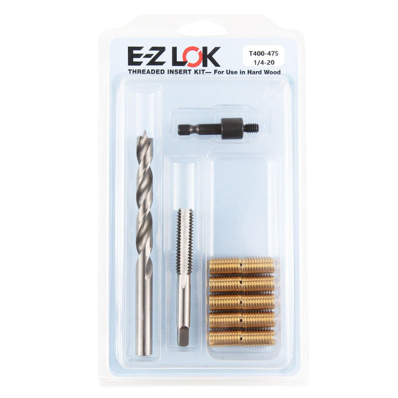 E-Z LOK Threaded Insert Installation Repair Tool Kit for Hard Wood - Includes Brass Thread Inserts, Drill, Tap and Drive-Tool 1/4-20 - 0.75" Length (EZ-T400-475) 1/4-20 - 0.75"