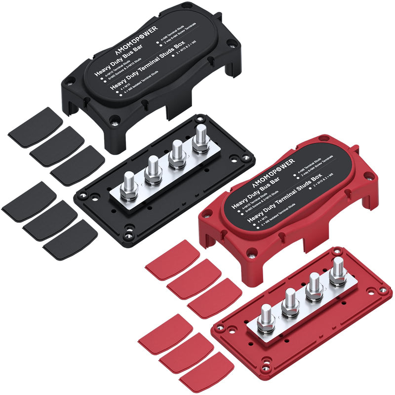 2Pcs 300A Busbar 12-48V DC Heavy Duty Copper Power Distribution Block 4 X M8 (5/16") Terminals Studs 8 Srews with Waterproof Cover Battery Bus Bar for Automotive RV Marine Truck(Black&Red) Black&Red