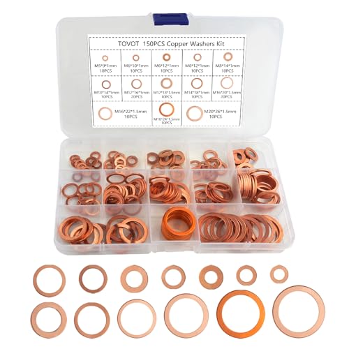 TOVOT 150PCS Copper Washers Assortment Set 8 Sizes Crush Washers Flat Washer Kit (M5/6/8/10/12/14/16/18/20)