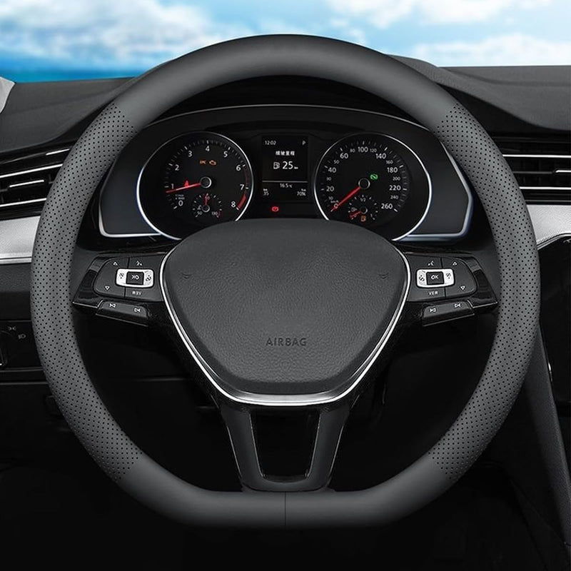 XHRING D-Shaped Car Steering Wheel Cover for Volkswagen VW Atlas Tiguan ID.4 Taos Passat Golf Jetta Beetle Polo GTI CC Touareg SE SEL R-line S Cross Sport Accessories, 2026 Leather Black
