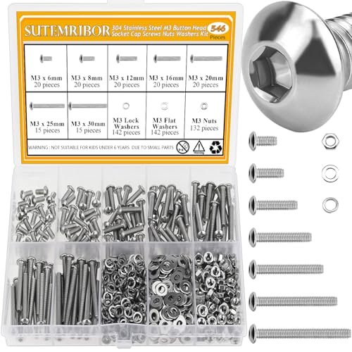 546 Pieces M3 Screws Nuts Washers Set, Sutemribor M3 x 6/8/12/16/20/25/30mm Button Head Socket Cap Screws Nuts Washers Assortment Kit, 304 Stainless Steel, Fully Threaded
