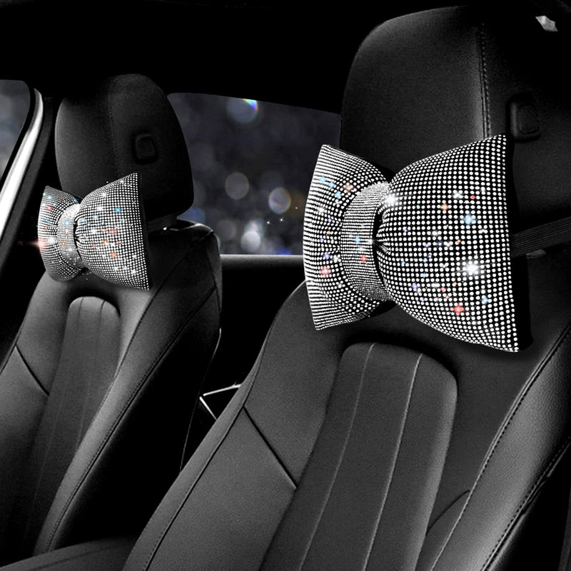 surpassme 2PCS Rhinestone Car Headrest Neck Pillow for Driving with Bling Bling Crystal Bow Pillow Car Accessories for Women (Silver/White) 2 White Pillows
