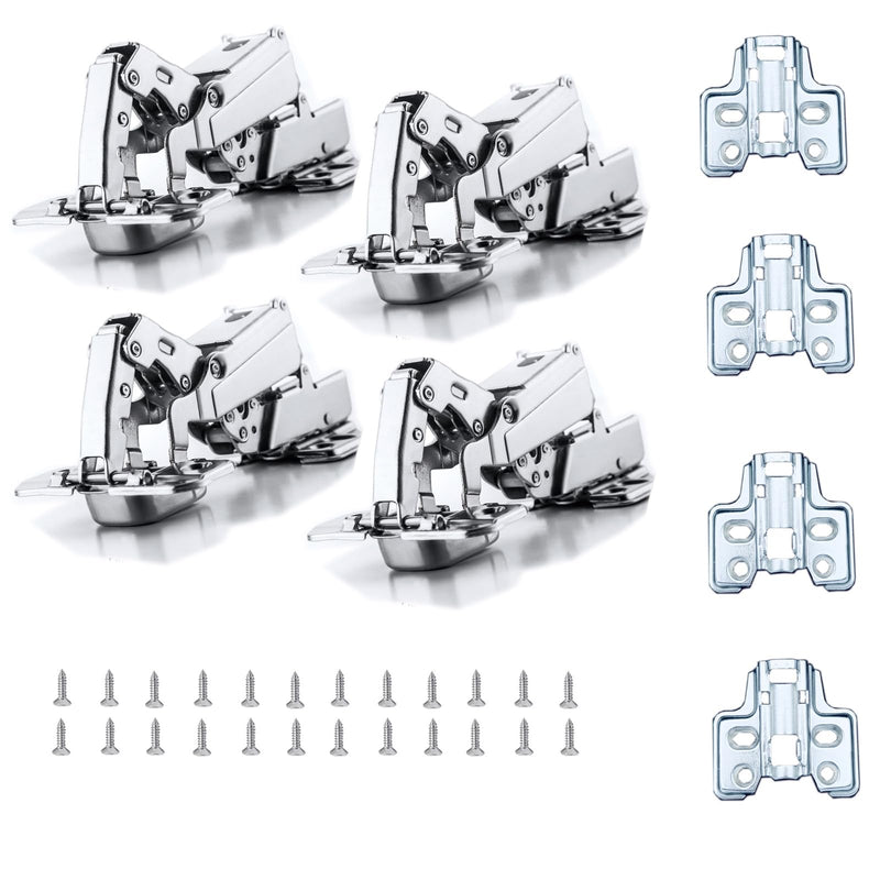 XIEHE Hardware 165 Degree Soft Close Half Overlay Frameless Hinges 4 Pack, for Kitchen Cabinets Door Brushed Nickel Flush Mount Clip-on Hinge with Screws half-overlay