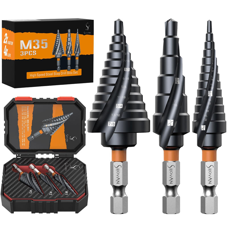3PCS Unibit Step Drill Bit Set (1/4"-7/8"), M35 Cobalt, TiAlN Coated for Superior Durability, Spiral Cone Drill for Stainless Steel, Sheet Metal, Aluminum & Plastic