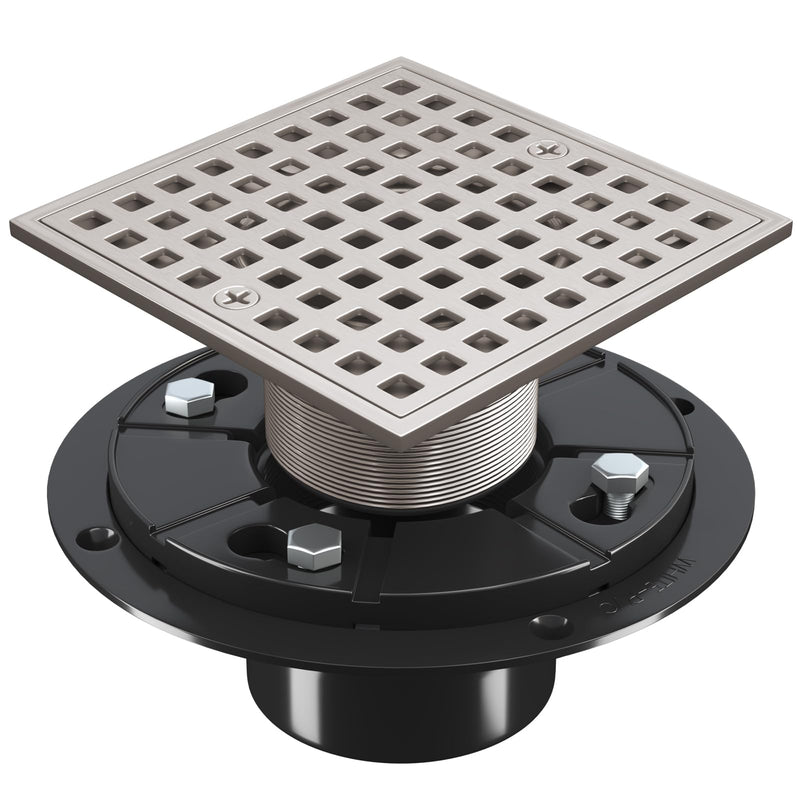 4 Inch Shower Floor Drain with Flange - Square Shower Drain with Hair Strainer - Removable Grid Strainer Cover - SUS304 Stainless Steel - Brushed Nickel