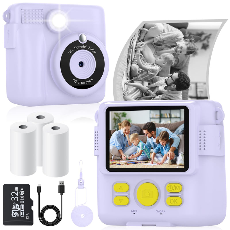 Instant Print Camera for Kids with 3 Rolls of Printer Paper, 1080P Toddler Digital Camera Toys for Age 3-12 with 32GB SD Card, Christmas & Birthday Gifts for 3 4 5 6 7 8 Year Old Girls & Boys (Purple) Purple