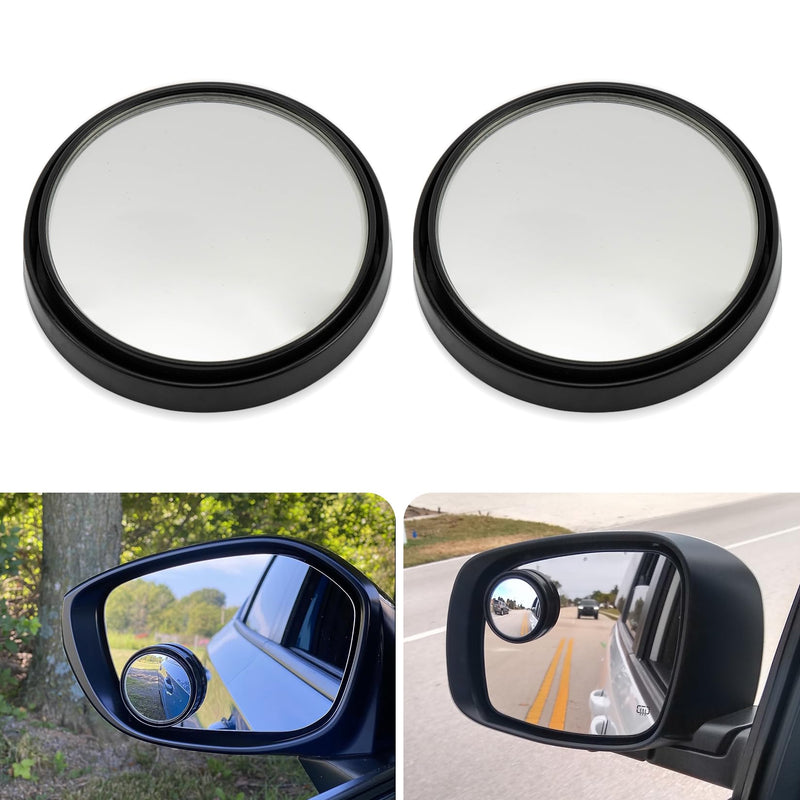 PSLER 2" Round HD Glass Convex Rear View Mirror with Frame, 360 Wide Angle Side View Mirror Accessories with Self Adhesive Back for Car, SUV and Trucks, Black