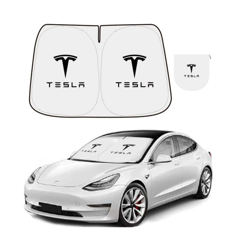 300T Sunshade for Tesla Model Y Model 3, Car Accessories 2025 for Tesla, Front Window Sunshade with Organizer Bag, Gifts for Tesla Owners (Black) Black