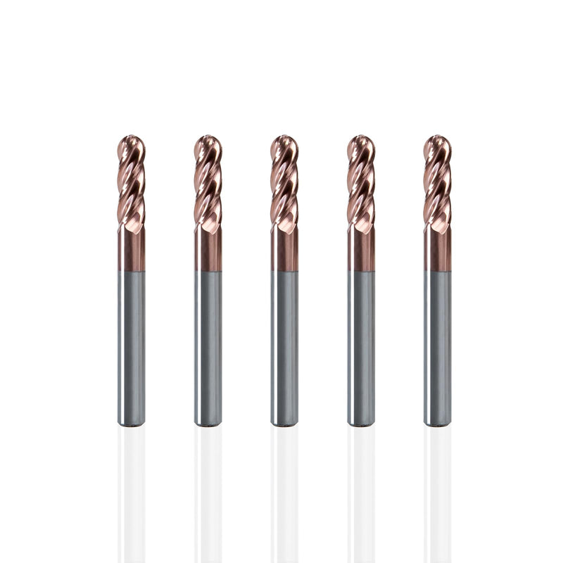 NZ 1/4" 4-Flute Ball Nose End Mill TiSiN Coated Carbide CNC Router Bits for Machining Stainless Steel, Alloy Steel and Titanium Alloy, 5-Pack 1/4 inch