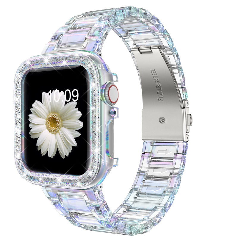 DABAOZA Compatible for Clear Apple Watch Band with Case, Women Girl Resin Lightweight Sport Strap Glitter Bling Bumper Cover with Stainless Steel Buckle for iWatch Band SE Series9/8/7/6/5/4/3/2/1 Colorful Clear 45mm/44mm/42mm