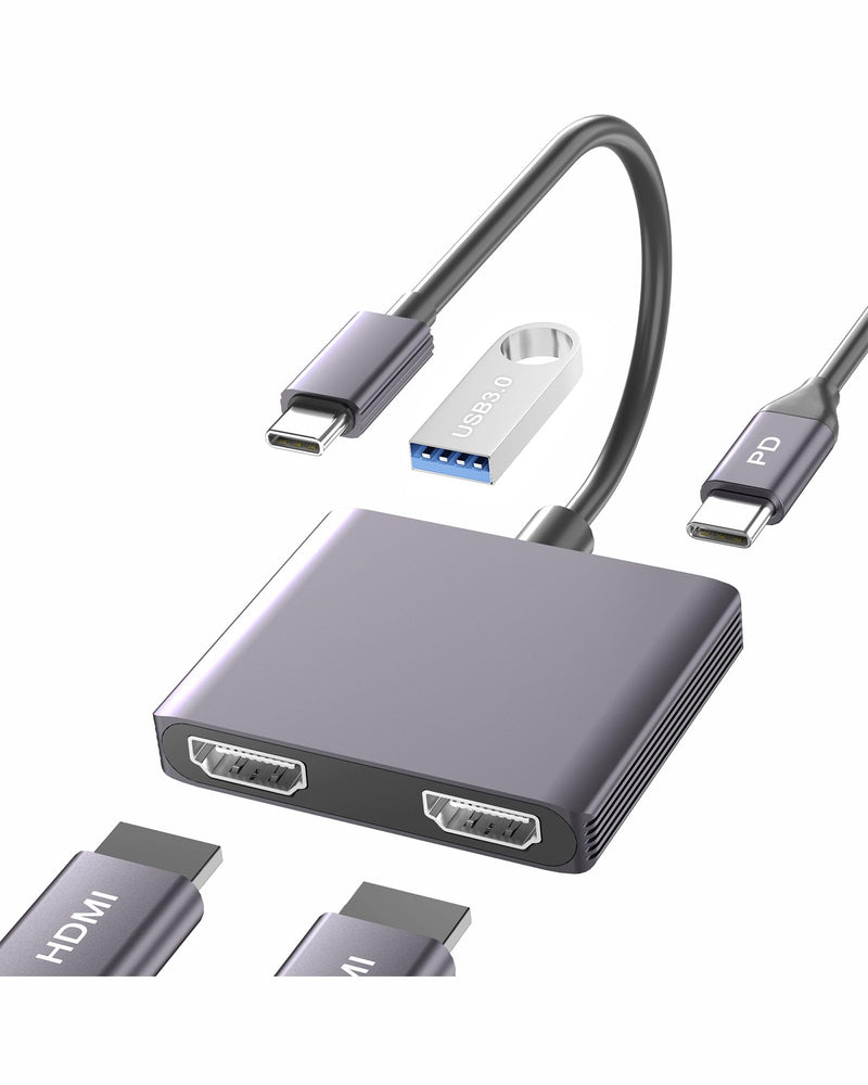 Dual Monitor Adapter - USB C to HDMI Adapter, Docking Station for Laptop, HDMI Splitter for Extended Display Gray