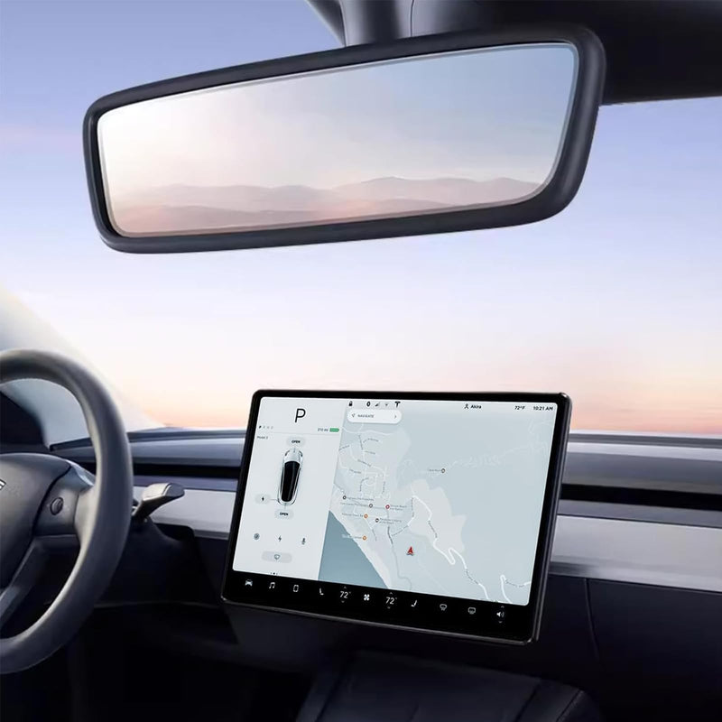 2PCS Protector Trim Frame Compatible with Tesla Model 3 Y 2020-2024 2025 2026 Screen Edge Frame Rearview Mirror Cover Interior Decorations Center Console Decor Highland Juniper Accessories Set (Black) Black