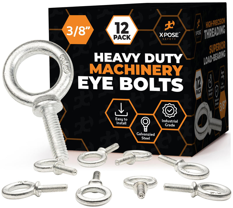 Xpose Safety Shoulder Eye Bolt 3/8"-16 x 1-14" - Industrial Strength Threaded Lifting Eye Bolt Screw for Machinery, Hoist, Anchor, Towing & More - 3/8" Eye Bolts Heavy Duty Galvanized Steel 12 Pack
