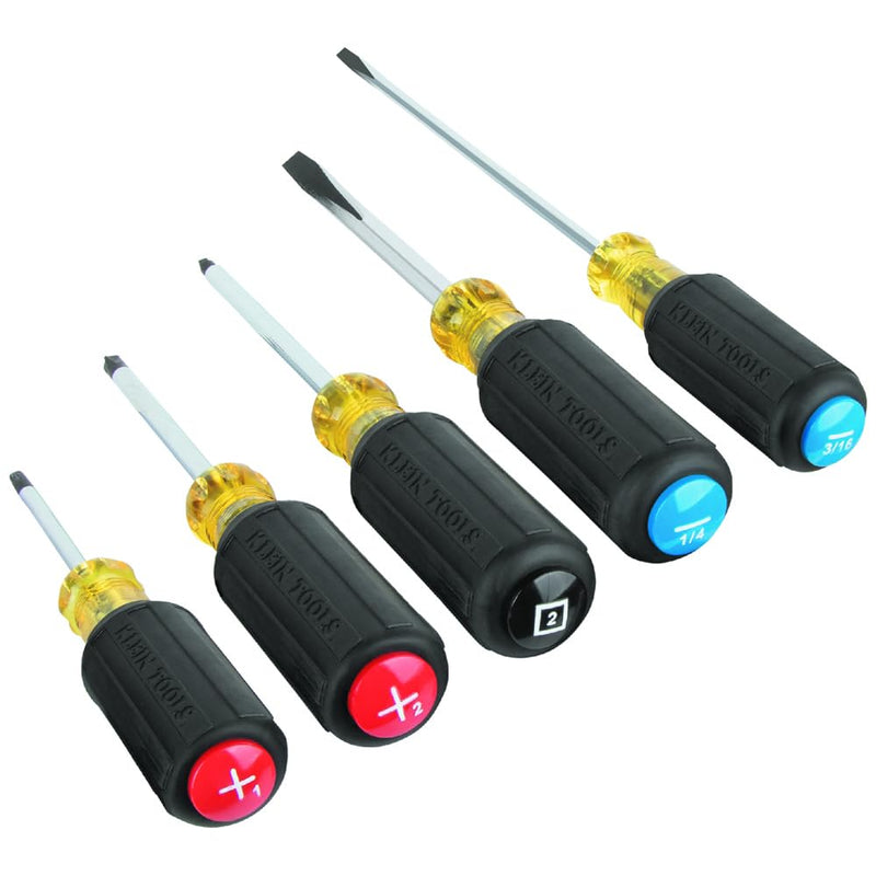 Klein Tools 80031C 5-Piece Color-Coded Screwdriver Set, Made in USA, featureing Precision Tips, Cushion-Grip Handles, 2 Slotted, 2 Phillips, 1 Square, Great for Home Improvement