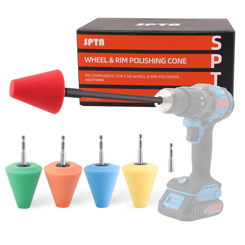 Polishing Cone, SPTA Car Wheel Hub Drill Buffing Sponge Pads Kit, Polishing Ball, 5 Pack Car Buffers and Polishers Kit for Drill, Attaches to Standard Household Drill