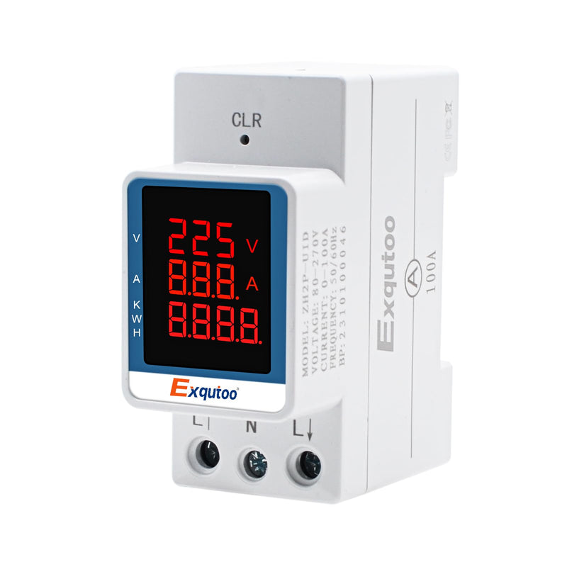Exqutoo Digital Display Energy Meter - AC Rail-Mounted Meter Electricity Usage Monitor for Voltage, Current, and Energy Consumption Measurement - GT2P-UID, AC 80~270V, 0~100A, 50/60Hz 3 Functions Digital Display