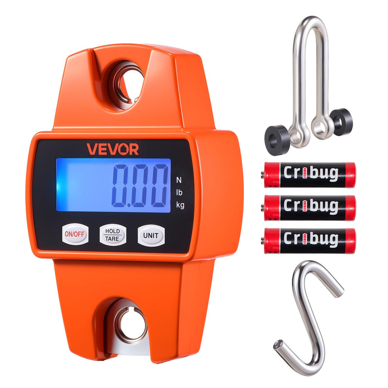 VEVOR Digital Crane Scale, 660 lbs/300 kg, Industrial Heavy Duty Hanging Scale with Cast Aluminum Case & LCD Screen, Handheld Mini Crane with Hooks for Farm, Hunting, Fishing, Outdoor, Garage (Orange) Orange