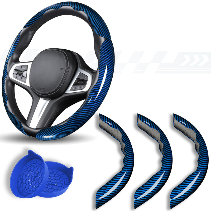Car Steering Wheel Cover, 3 Piece Bright Carbon Fiber Steering Wheel Covers, Non-Slip Steering Wheel Cover Protector, Great Grip, Universal Car Accessories Decoration for 14.5-15 inch (Blue) Blue Standard Size[14"1/2-15"]