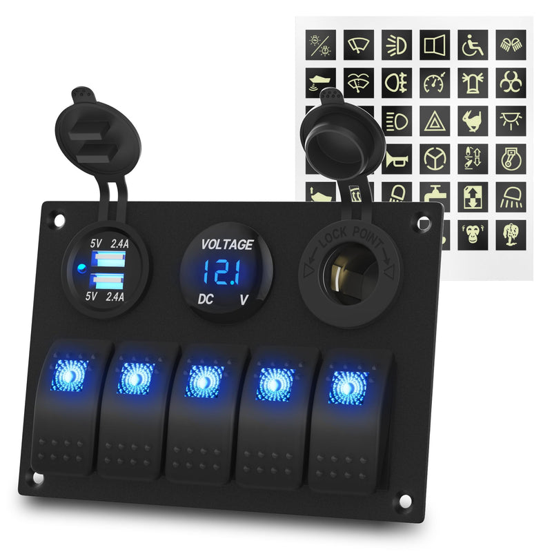 Waterproof Marine Switch Panel, 5 Gang Rocker Switch Panel 12V/24V Aluminum for Boat, 4.8A Dual USB Port, Cigarette Lighter Socket, LED Voltmeter, Pre-Wired 12 Volt Switch Panel for RV, Truck, Yacht