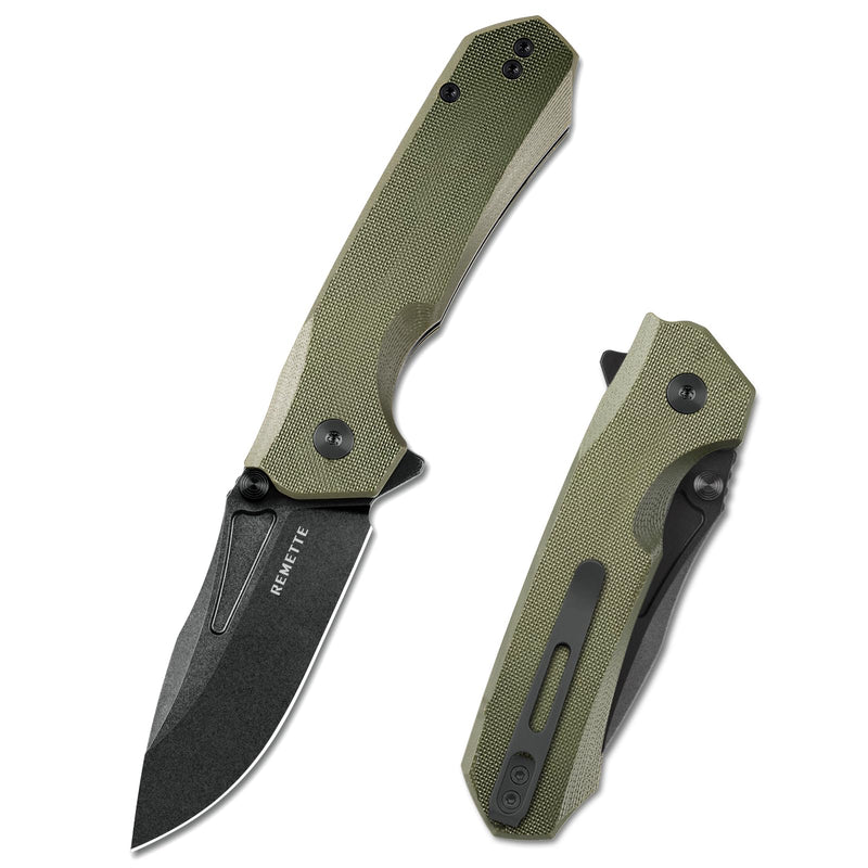 REMETTE EDC Pocket Knife Rhino,3" D2 Steel Blade Durable G10 Handle, Folding Pocket Knives with Reversible Pocket Clip, Sharp Camping Hiking Pocket Knife for Men Green