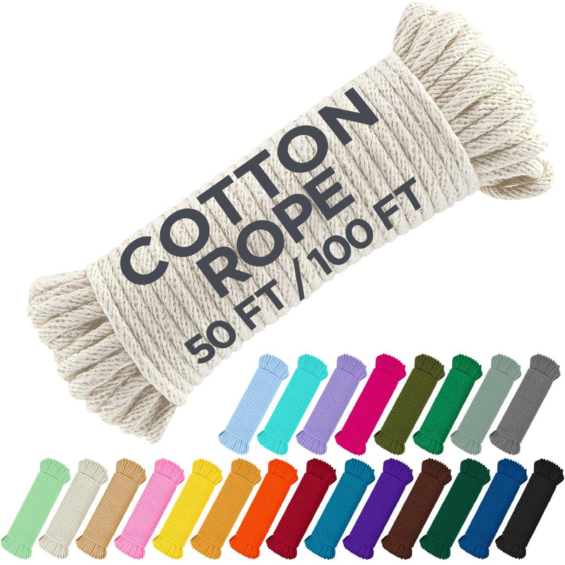 TECEUM 500lb Cotton Rope 3/16” (5 mm) – 50 FT | 100 FT– Strong All-Purpose Braided Rope – Natural Cotton – for Crafting, Сamping, Clothes Line, DIY, Indoor & Outdoor Use – Natural 50 feet