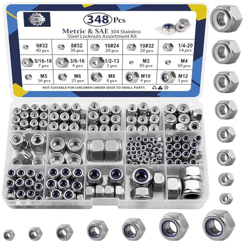 348Pcs SAE(#6-1/2) &Metric(M3-M12) Stainless Nylon Lock Nuts Assortment Kit SAE and Metric Assortment; 348pcs Silver