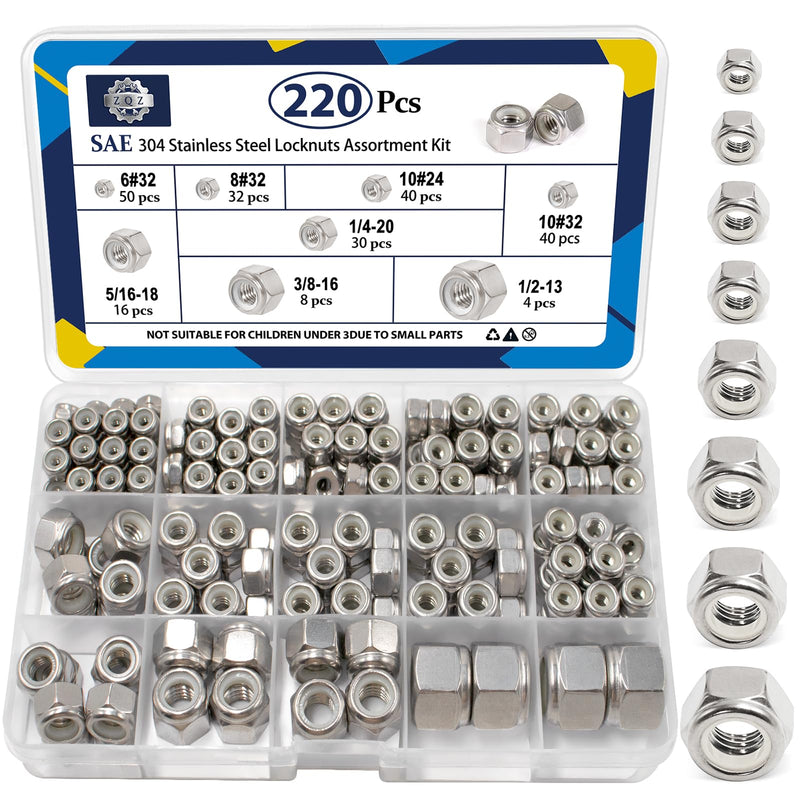 ZQZ 220 Pack SAE Nylon Insert Locknuts Assortment Kit,6#32 8#32 10#24 10#32 1/4"-20 5/16"-18 3/8"-16 1/2"-13 Nylock Nuts Sets,304 Stainless Steel Standard Inch Threaded Lock Nuts SAE Assortment; 220pcs Silver