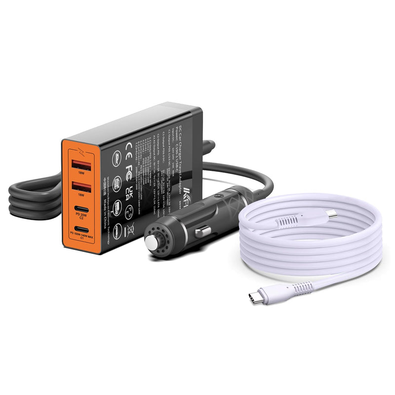 KFD 156W Car Charging Staition,140W USB C Laptop Car Charger,PD3.1&QC3.0 Fast Charging Cigarette Lighter Car USB Charger Multi Port 6.56FT Cable for MacBook/iPad/40W iPhone 17 15 Pro Max/Samsung S25