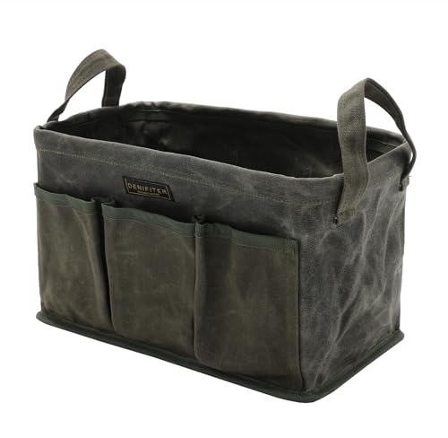 Tool Bag for Organizing, Waxed Canvas Wide Open Top Tool Tote Bag with 6 External Pockets, 13.8 x 7.8 x 7.8 Inches (ArmyGreen) ArmyGreen-Single