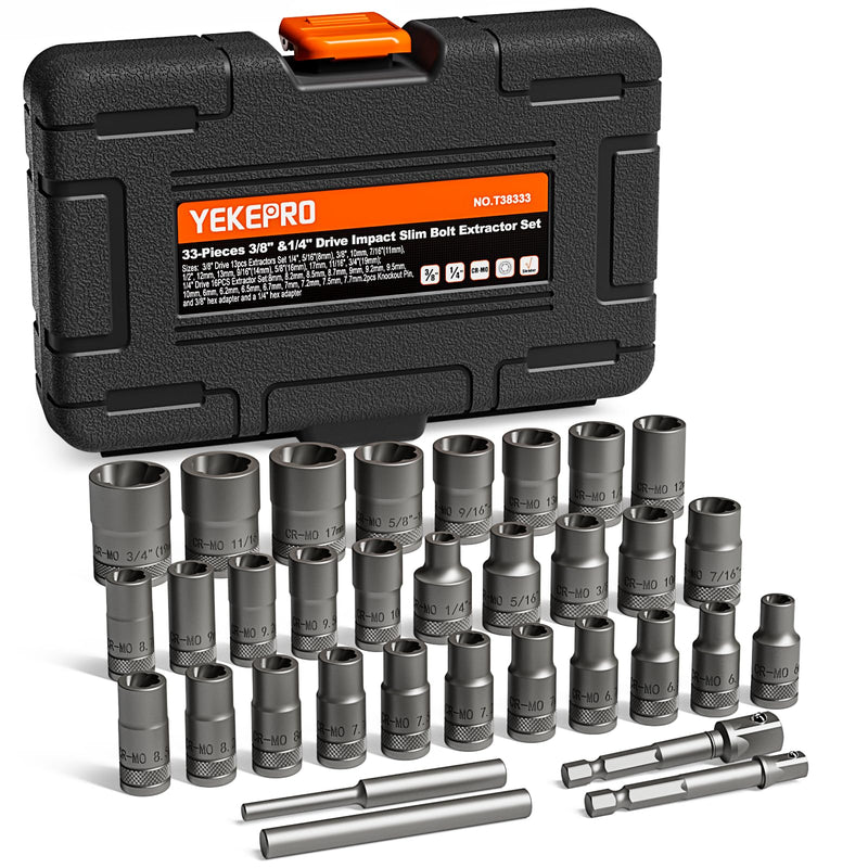 33pcs Deep Well Bolt extractor set, 3/8" & 1/4'' Drive slim type for Removing Damaged, Frozen, Rusted, Rounded-Off Bolts, Nuts & Screws, Cr-Mo Steel, T38333 3/8''&1/4'', 33pcs