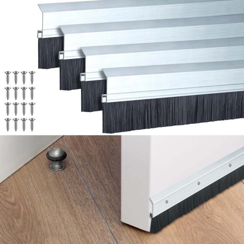 Hushee 4 Pcs 2x36 Inches Brush Door Sweep for Exterior, Aluminum Commercial Door Sweep Bottom All-Season Alloy Brush for Exterior and Interior Sealing Gaps Keeps Out Cold Air, Dust (Silver and Black) 36 Inches Silver