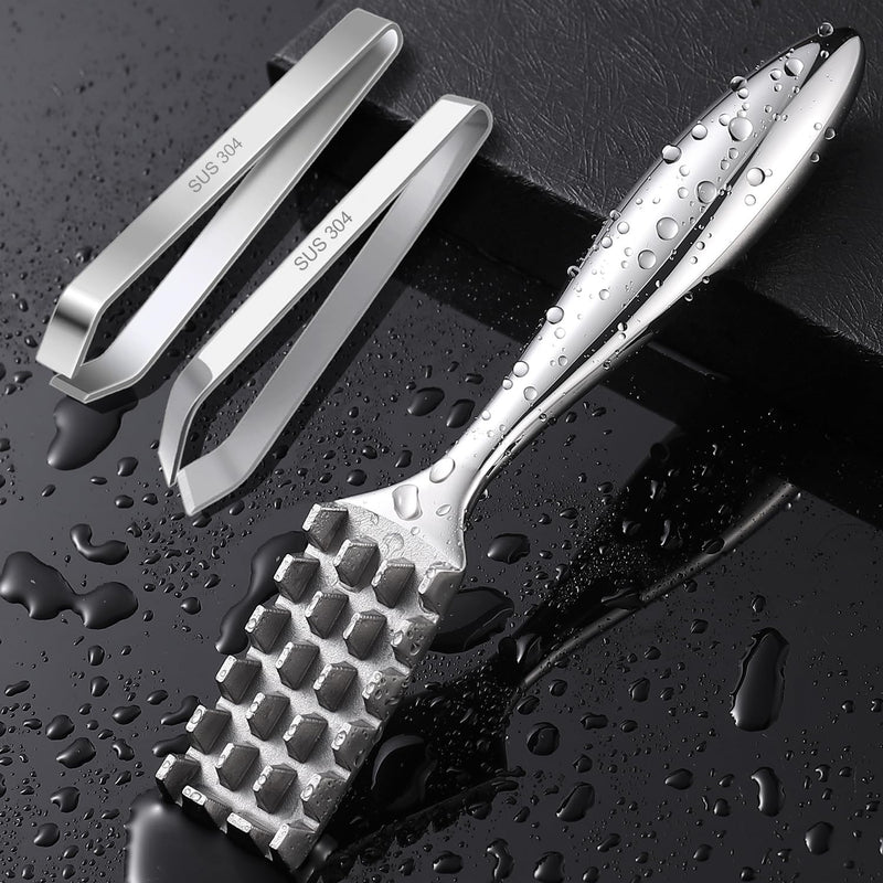 Fish Scaler Set, Premium Fish Descaler Tool, Stainless Steel Fish Scale Remover with Serrated Sawtooth Ergonomic Handle for Kitchen, Seafood Markets (Fish Scaler + 2 Pack Fish Bone Tweezers) Fish Scaler 7.52" + 2 Pack Tweezers