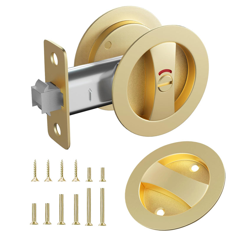 Round Pocket Door Lock with Indicator,1 Pack Contemporary Privacy Pocket Door Hardware,Flush Pocket Door Latch(2-3/8" Backset) for 1-3/5" to 2-1/8" Thickness Door,Brushed Gold Round Lock with Indicator - 1 Pack Brushed Gold